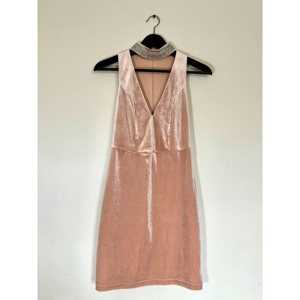 Elegant Champagne Pink Faux Suede Jeweled Choker Dress
